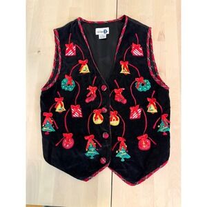 Black Velvet Christmas Vest Holiday Bells Stockings‎ Trees Gifts Plaid Trim
